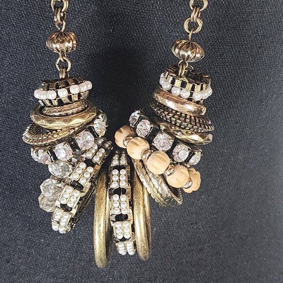 Chico's Mixed Metal Brass Rhinestone Wood Stacking Ring Bead 39" Rolo Necklace - Picture 6 of 16